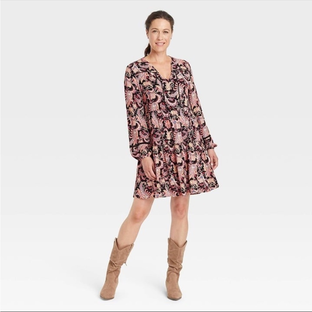 Knox Rose Paisley Tiered Mini Dress Boho Bohemian Indie Thanksgiving Fall Floral